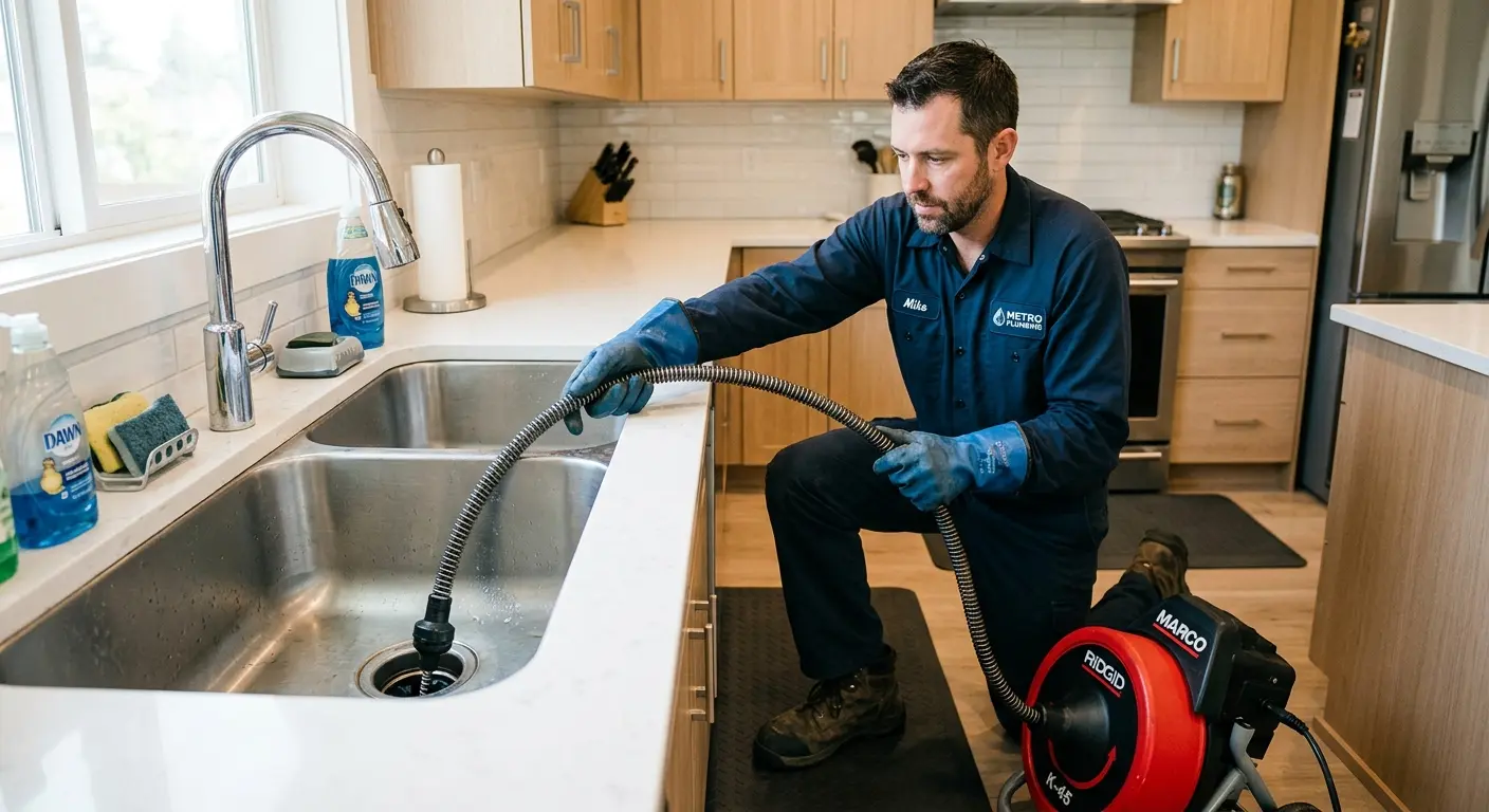 Drain cleaning technician using a motorized snake on a kitchen sink in Covina