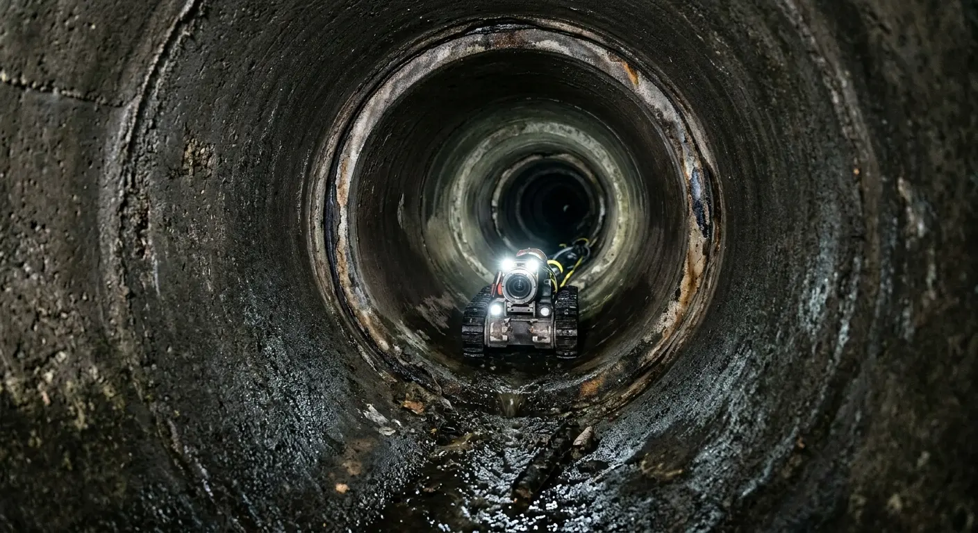 Robotic sewer camera inspecting pipe interior for Sewer Line Cleaning in Covina