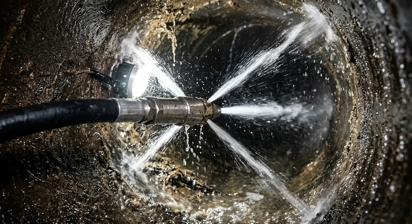 High-pressure hydro jetting nozzle cleaning sewer pipe for Sewer Cleanout in Covina
