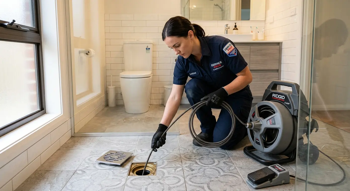 Technician clearing a bathroom floor drain for Clogged Drain Repair in Covina